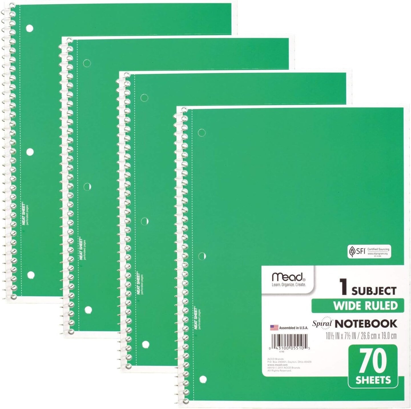 Spiral Notebook, 4 Pack, 1-Subject, Wide Ruled Paper, 7-1/2&#x22; X 10-1/2&#x22;, 70 Sheets per Notebook, Colors Will Vary (72873)