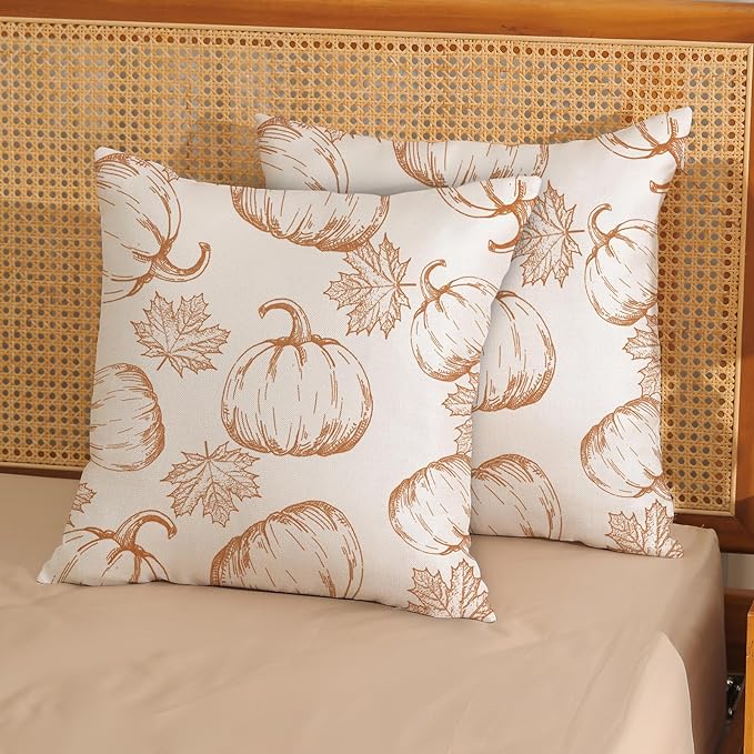 Fall Pillow Covers 18x18 Burnt Orange Pumpkin Decoration Throw Pillows Case for Couch Maple Leaves Autumn Harvest Indoor Outdoor Decorative Cushion Cases for Sofa Bed Decorations Set of Two