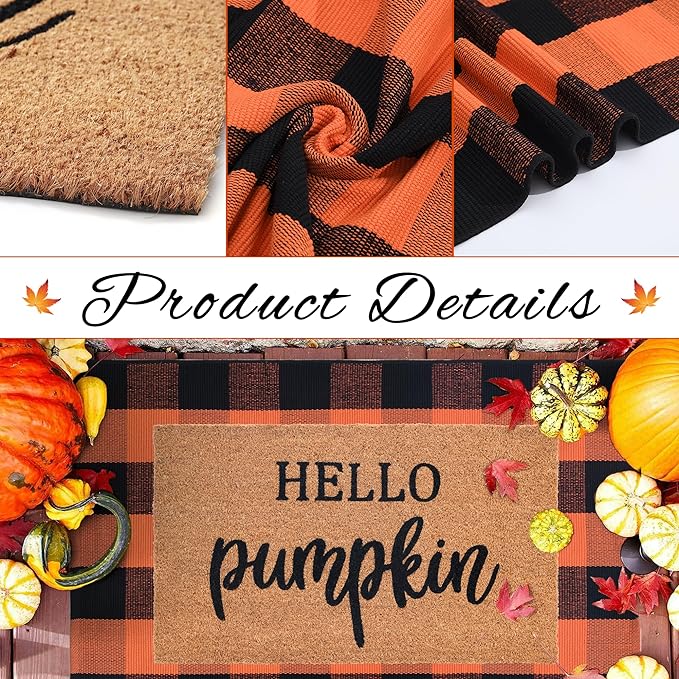 Fall Decor Doormat Combo Set, 100% Coco Coir Welcome Mat + 28 x 43&#x22; Orange and Black Plaid Rug - Fall Thanksgiving Front Porch Entryway Decor Floor Mat, Indoor Outdoors Autumn Mats Hello, Pumpkin.