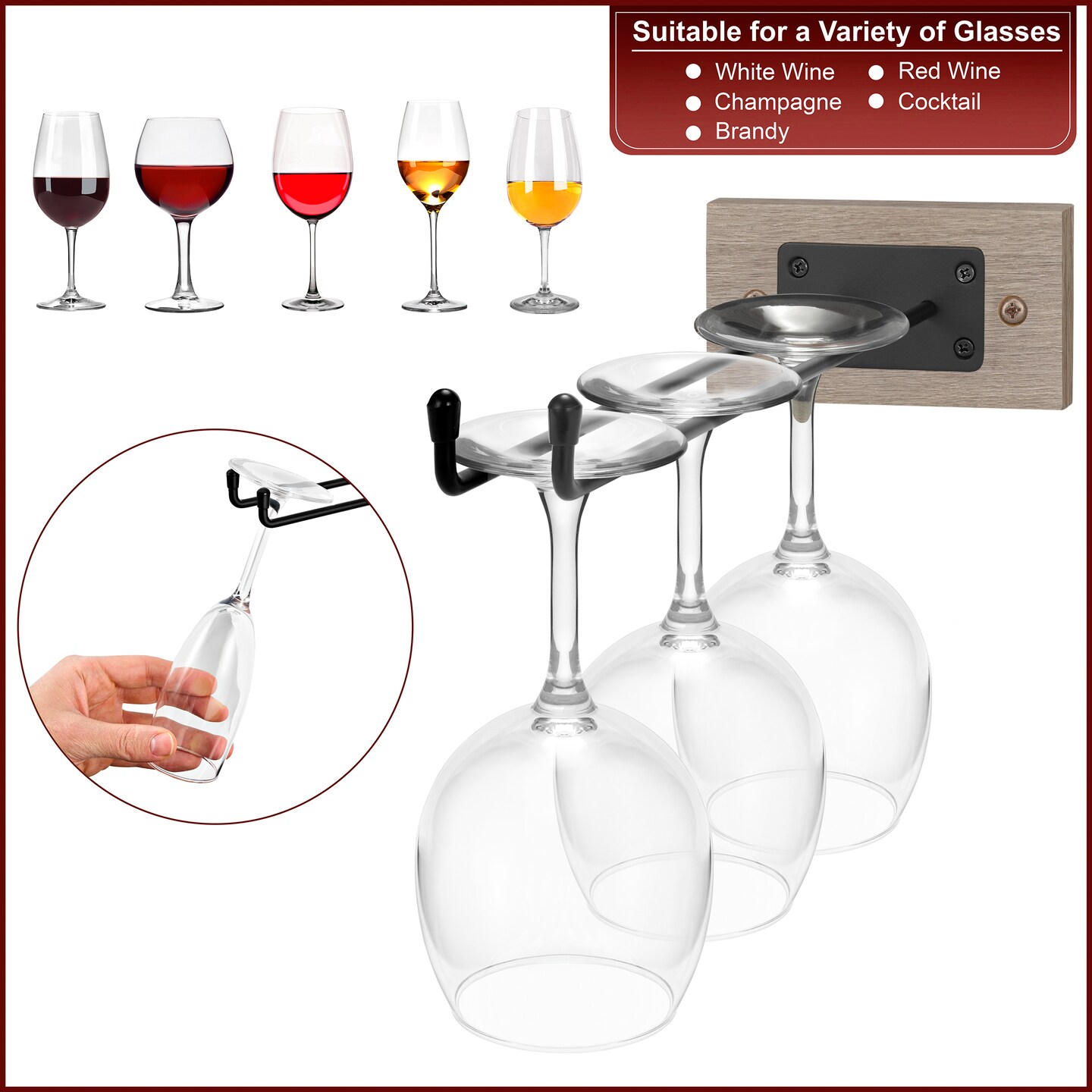 Sorbus Wall Mounted Wine Glass Rack, Wire & Wood Stemware Holder Set for Wine Glasses, Champagne Glasses, and Drinkware 2 Pack