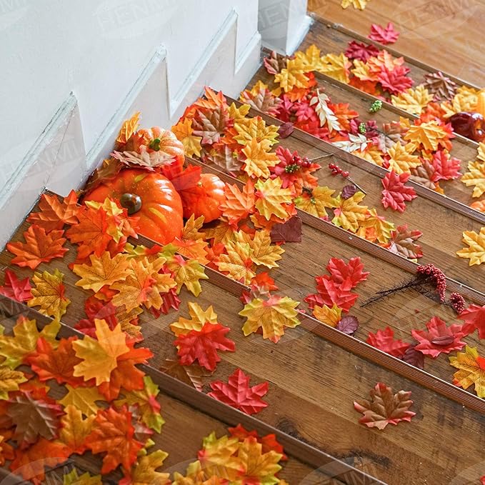 500 Pieces Artificial Maple Leaves 5 Assorted Mixed Fake Fall Maple Leaf Lifelike Looking Silk Autumn Leaf Garland for Halloween Decorations for fall parties, festivals, and Thanksgiving tables