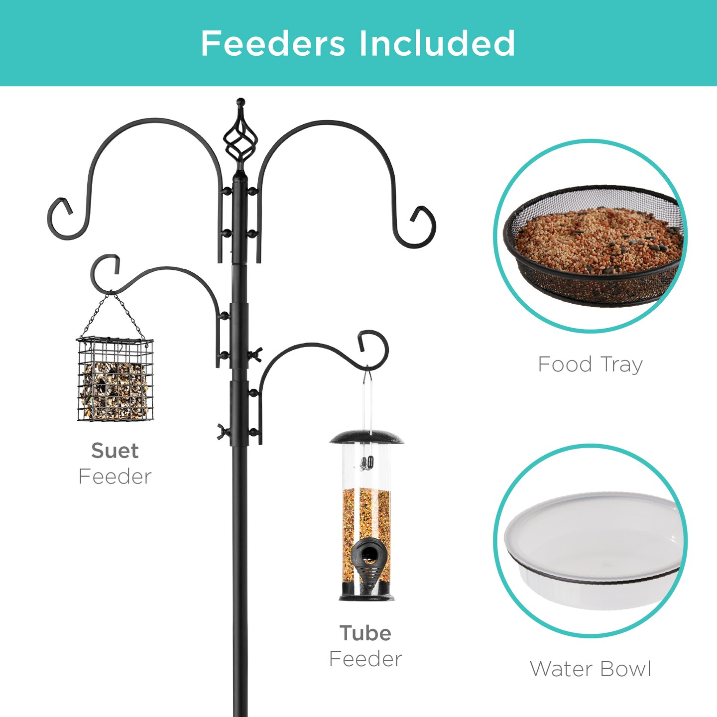 Best Choice Products 91in 4-Hook Bird Feeding Station, Steel Multi-Feeder Stand w/ 2 Feeders, Tray, Bird Bath