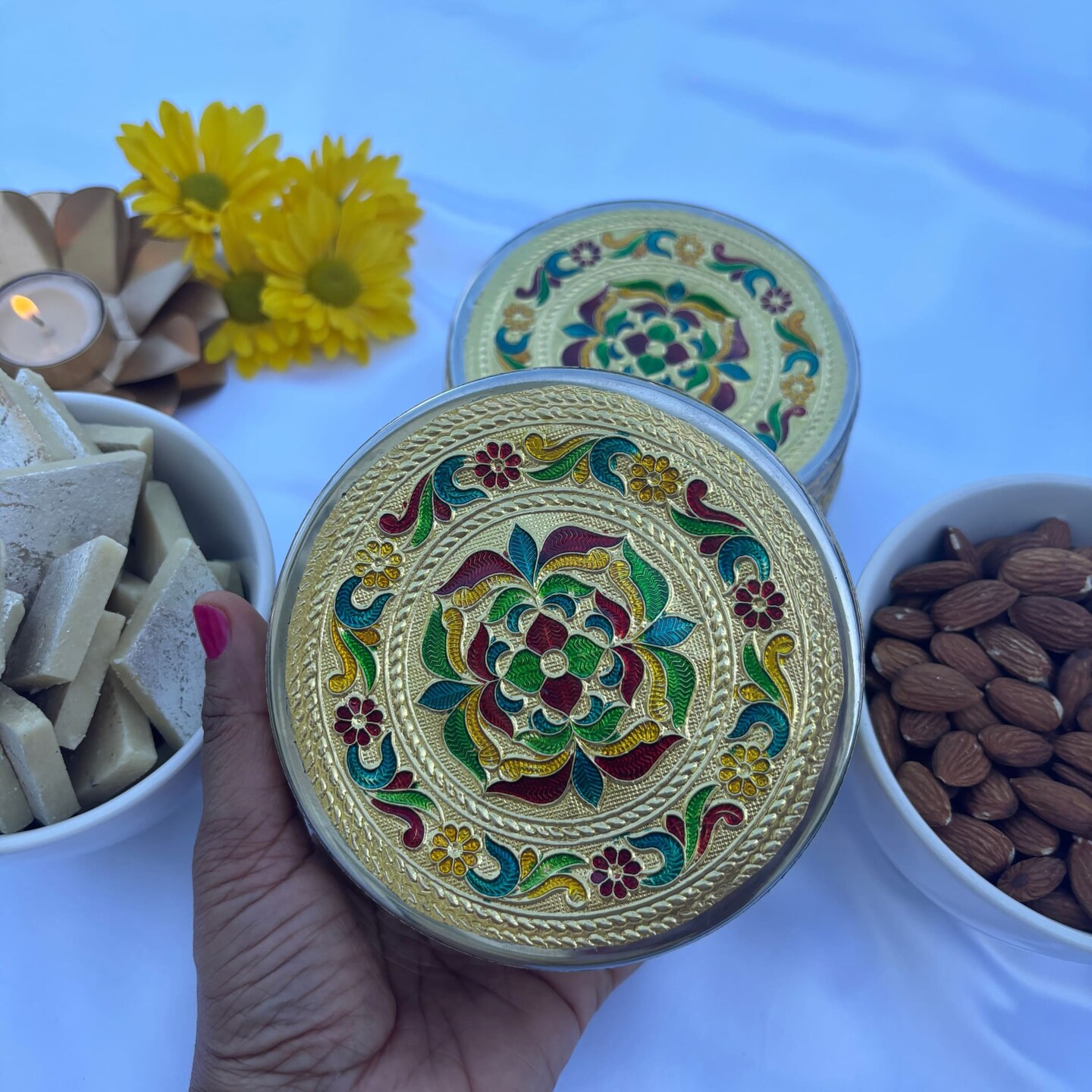 4 Ct Meenakari Stainless Steel Box Decorative Small Round Cookie Tin Indian Wedding Favor Container Dabba for Sweets Laddu Dryfruit Chocolate Multipurpose Storage Box - Housewarming Gift