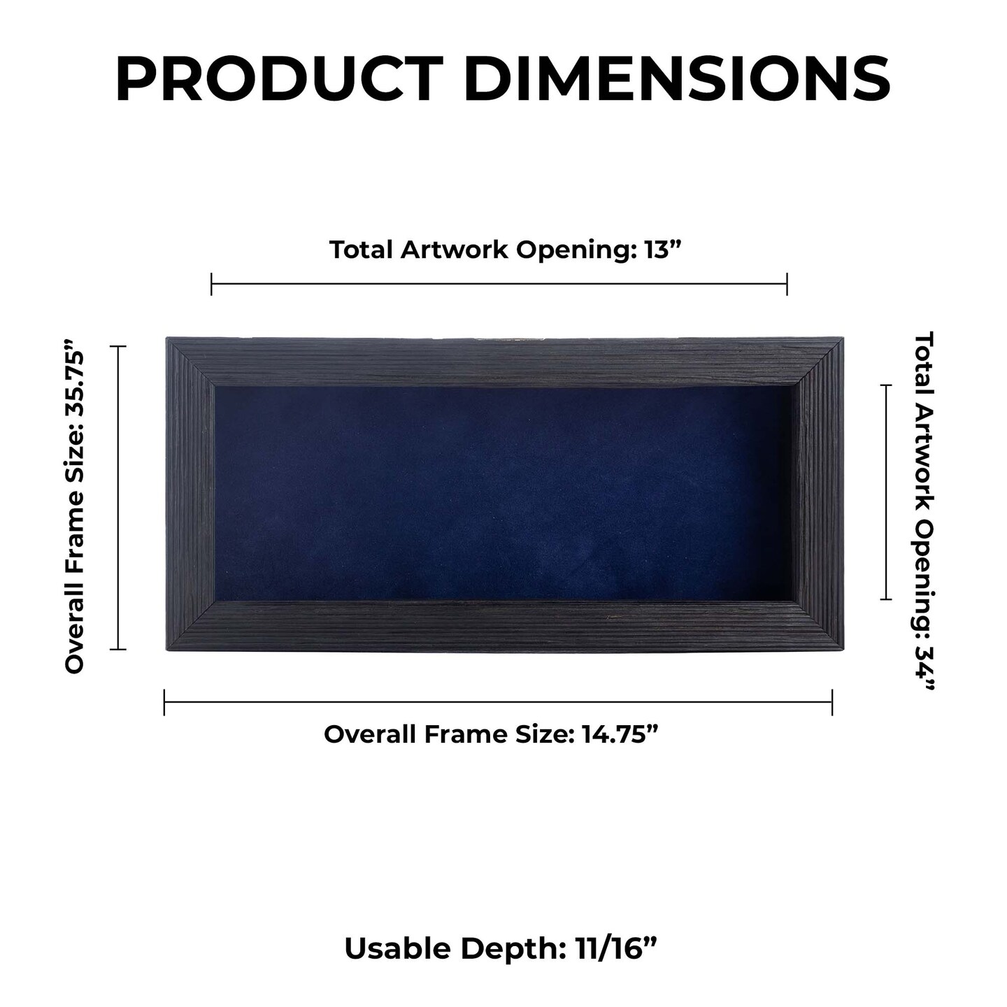 Rustic Black Wood Shadow Box Frame with Acrylic Front - Navy Blue Suede Backing, 30 Sizes