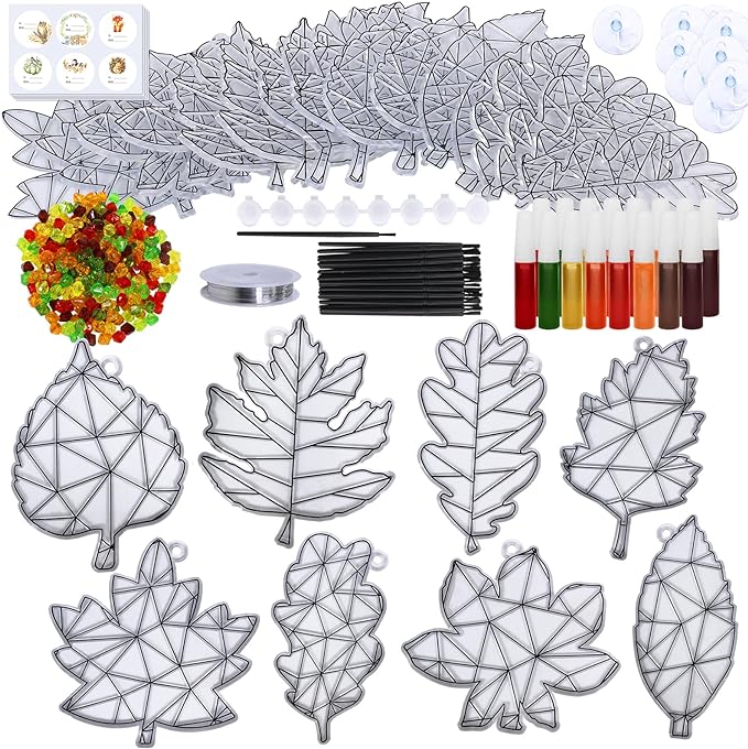 24 sets of fall leaf suncatchers, ornaments, and decorations DIY Window Paint Art Suncatcher Craft Kits Autumn Maple Leaf Suncatchers for Kids&#x27; Classrooms Thanksgiving Harvest Party Art Project Activity.
