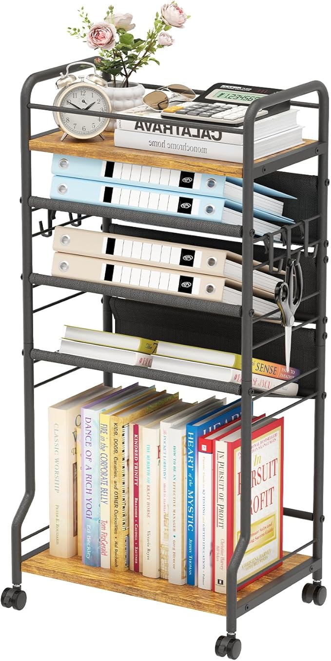 5 Tier Rolling File Cart, Mobile Book Cart with Wheels, Metal Wood Movable Bookshelf Tableside Office Cart Paper Storage File Organizer for Homeschool Teacher (Black)