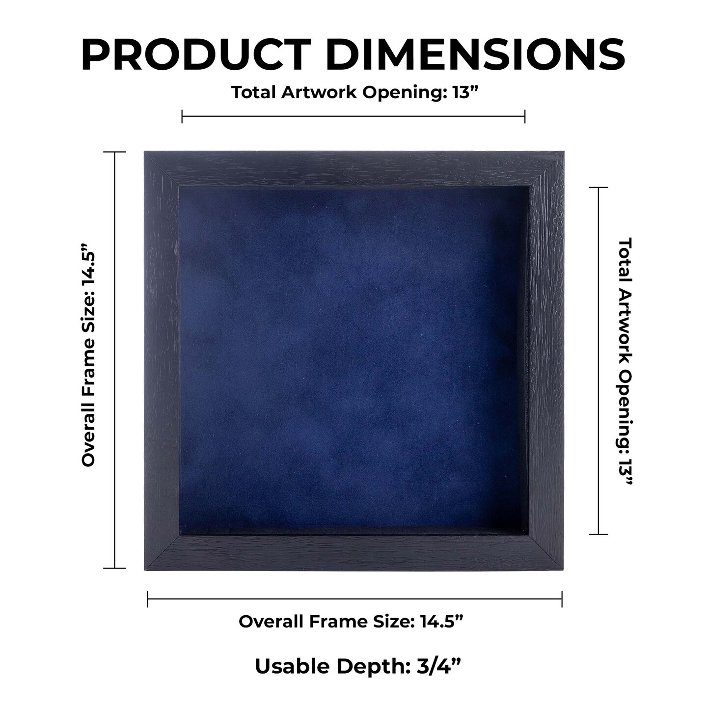 Black Wood Grain Shadow Box Frame with Acrylic Front - Navy Blue Suede Backing, 30 Sizes
