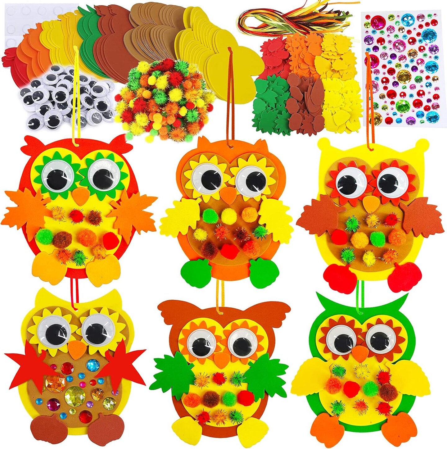 24 Sets Foam Owl Decorations DIY Owl Fall Craft Kit Assorted Foam Owl Shapes with Autumn Leaves, Pumpkins, Googly Eyes, Pom-Poms for Kids Gift Halloween, Thanksgiving, and Holiday Classroom Art Activity