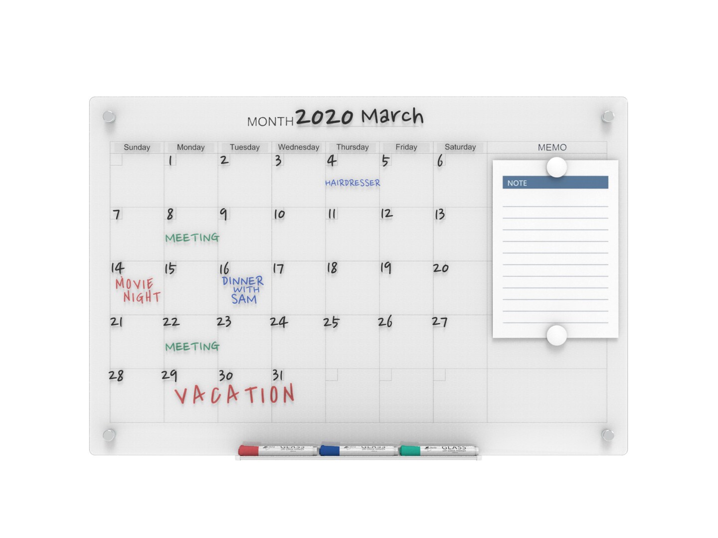 Audio-Visual Direct Magnetic Calendar Glass Dry Erase Board Set - Monthly Planner