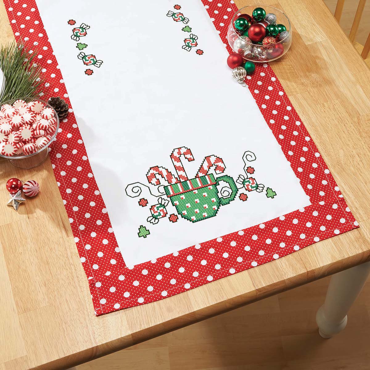 Herrschners  Peppermint &#x26; Cocoa Table Runner Stamped Cross-Stitch Kit