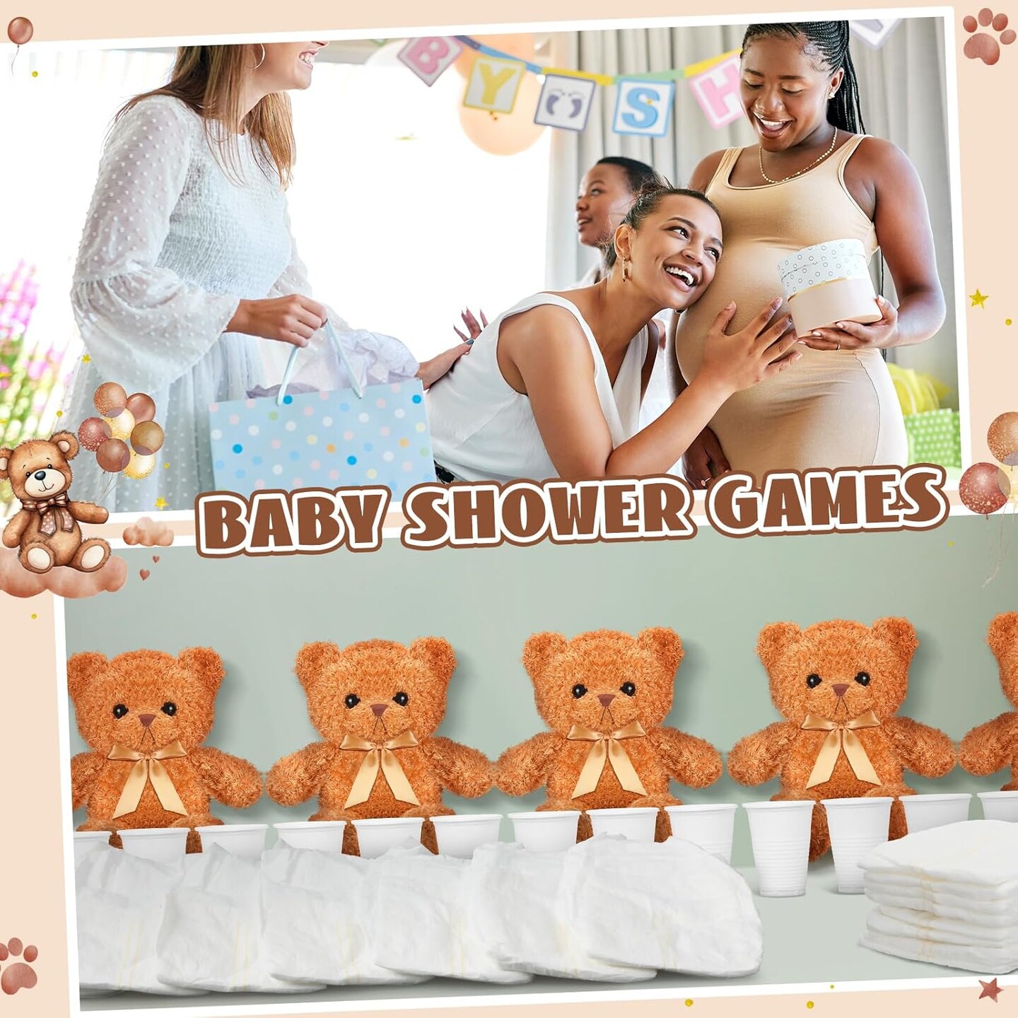 12 Sets Blindfolded Diaper Changing Baby Shower Games Flip Cup Games Prizes Plush Diapers Gift Bags for Baby Shower Gender Reveal Raffle Party Game (Brown)