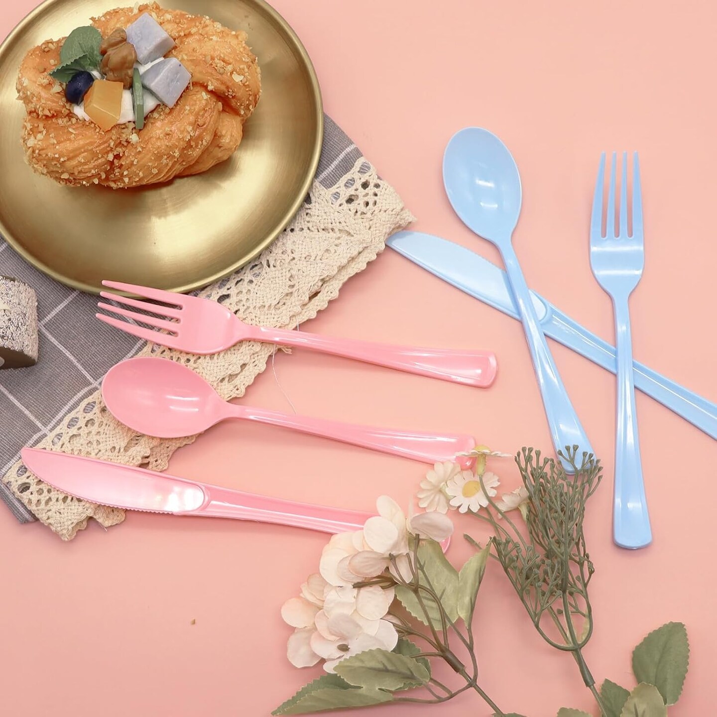150 Pcs Pink and Blue Cutlery Heavy Duty Light Pink and Baby Blue Plastic Silverware - 50 Plastic Forks, 50 Knives, 50 Spoons for Baby Shower Gender Reveal