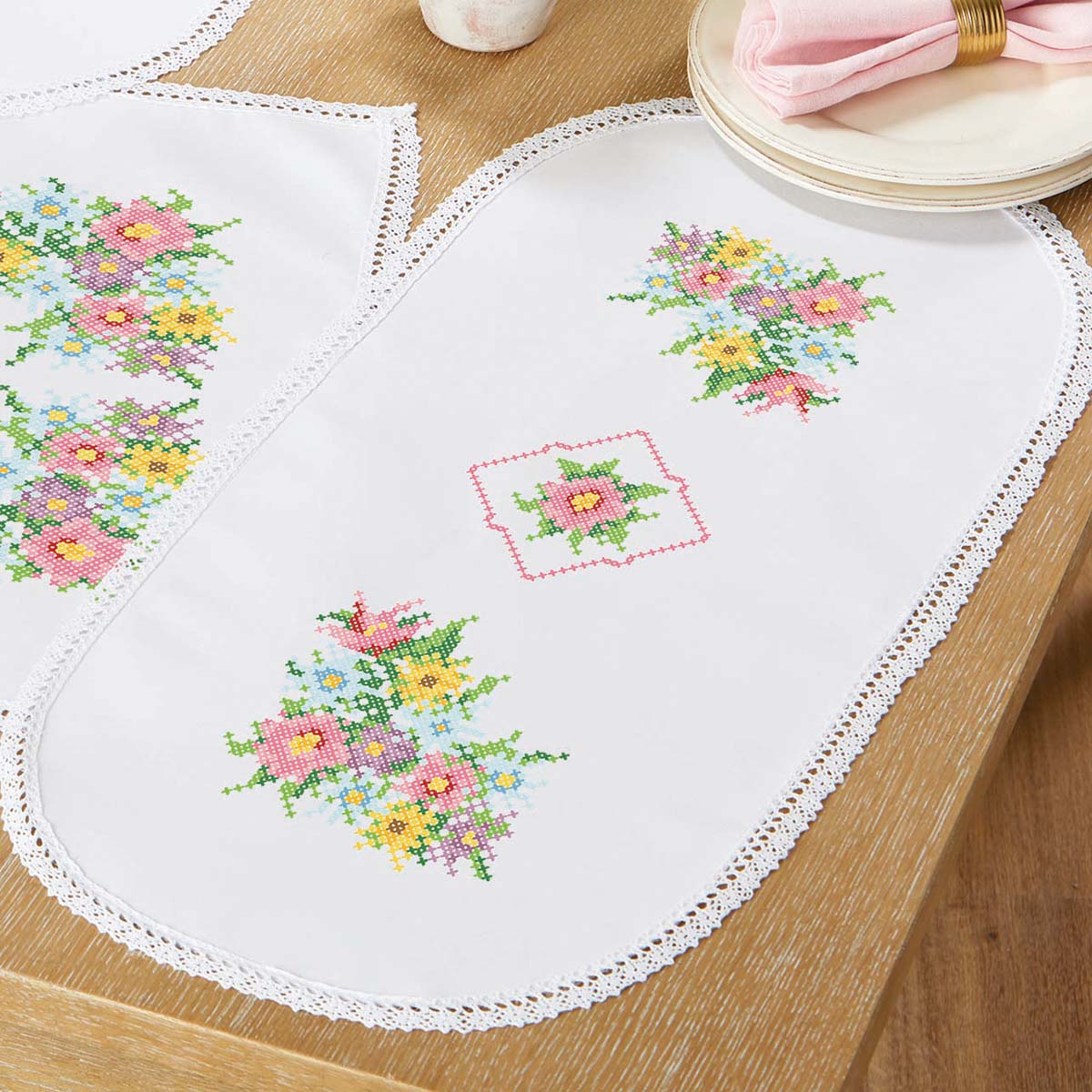 Herrschners Charming Garden Table Runner Stamped Cross-Stitch, Color ...