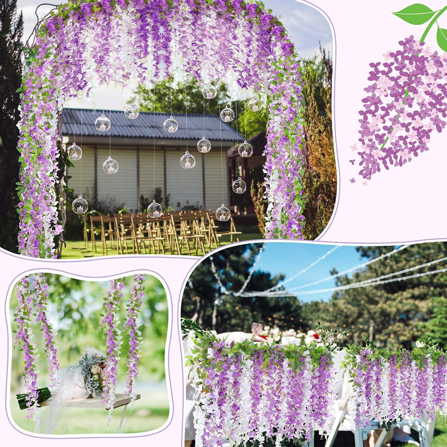 Wisteria Artificial Flowers Garland, 7.2Ft/Piece Wisteria Hanging Flowers Garland for Wedding Arch Decoration Outdoor Ceremony Home Backdrop Garden