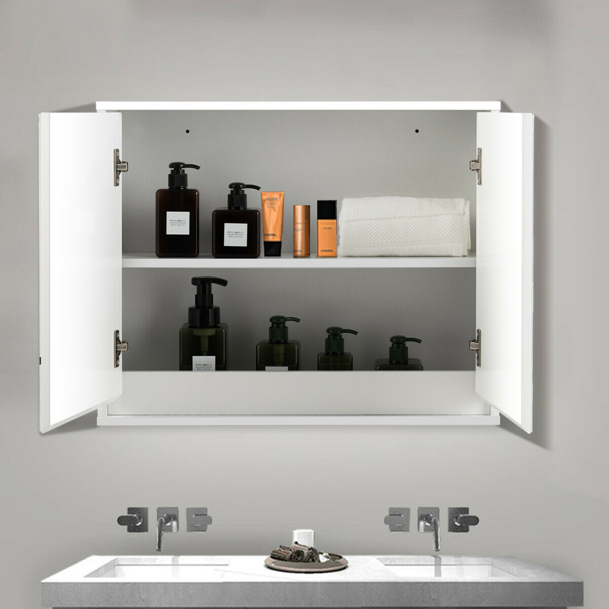 Costway Wall Mounted Bathroom Medicine Cabinet Storage Cabinet Double Mirror Door Organizer Shelf White