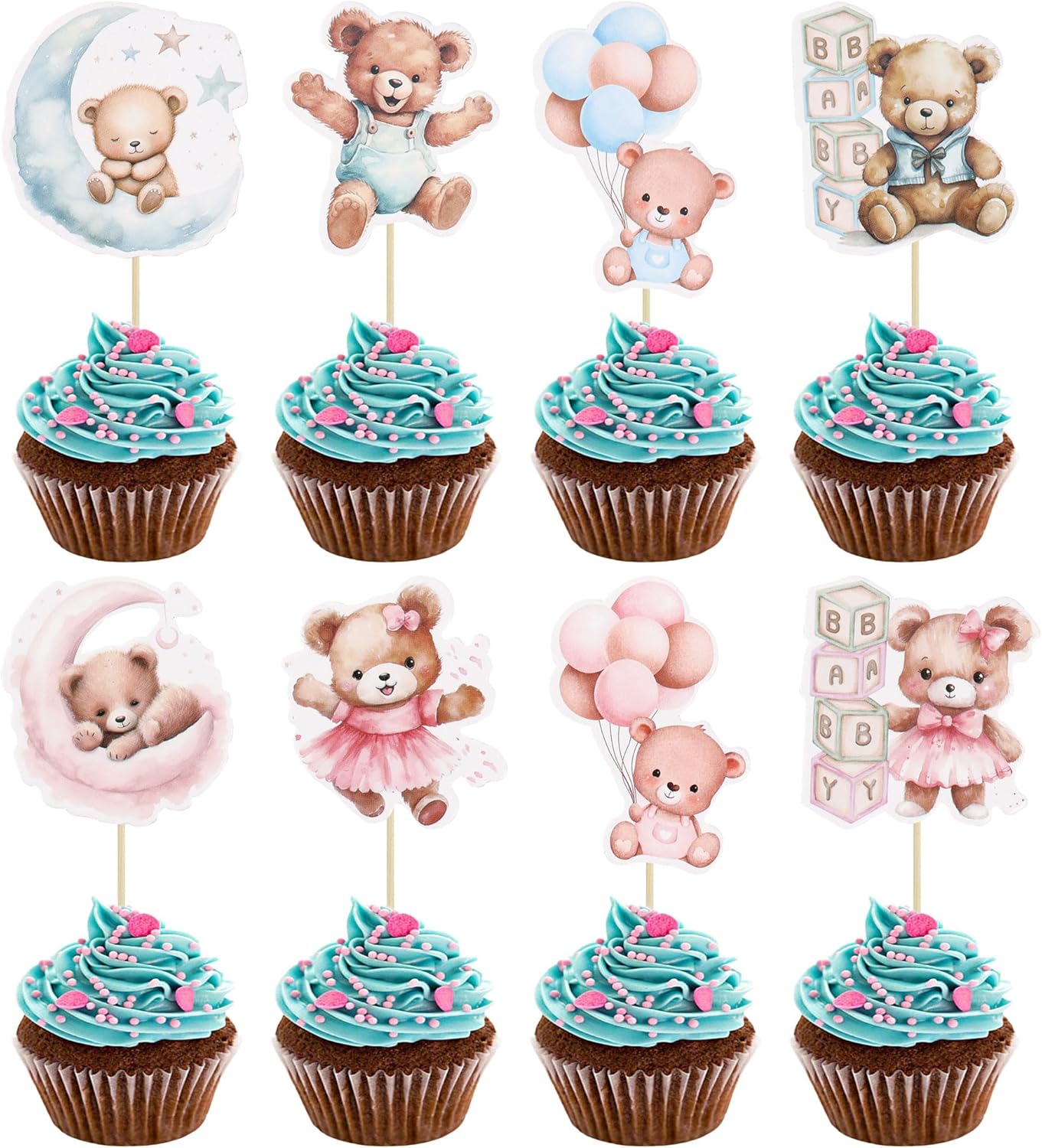 32Pcs Bear Cupcake Toppers Moon Baby Shower Cake Topper Decorations Jungle Animal Theme Birthday Party Cake Supplies Blue Pink