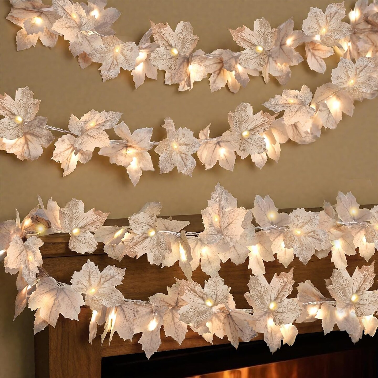 4-Pack Thanksgiving Fall Garland with Lights – 26FT Total, 80 LED Enlarged Maple Leaf Garland for Home, Fireplace, Party, Christmas & Autumn Decorations (Grey White)