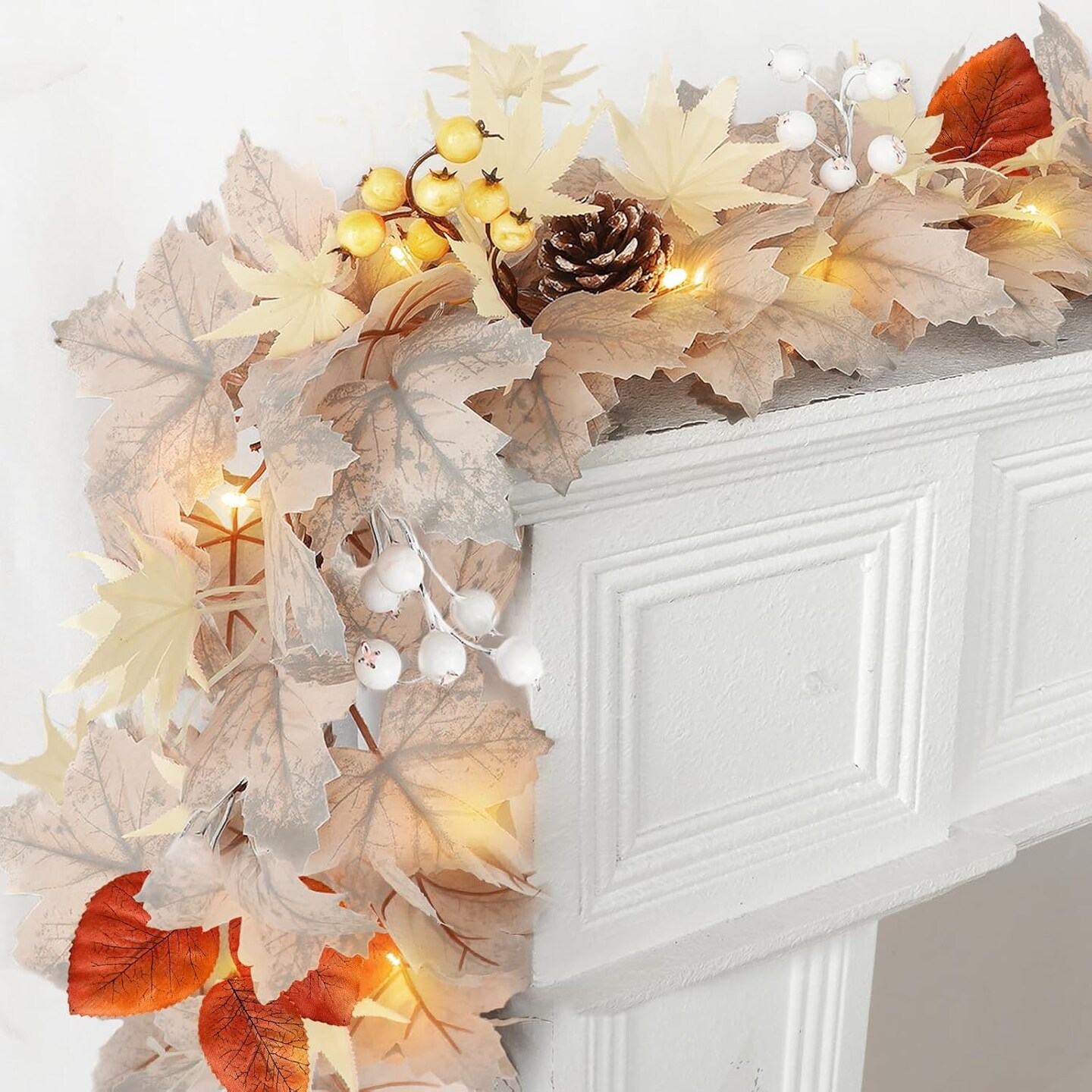 6FT Fall Thanksgiving Garland with Timer – Maple Leaf, Berries & Pinecones, 20 LED Autumn String Lights for Table, Fireplace, Wedding, Halloween & Christmas Decor (Beige)