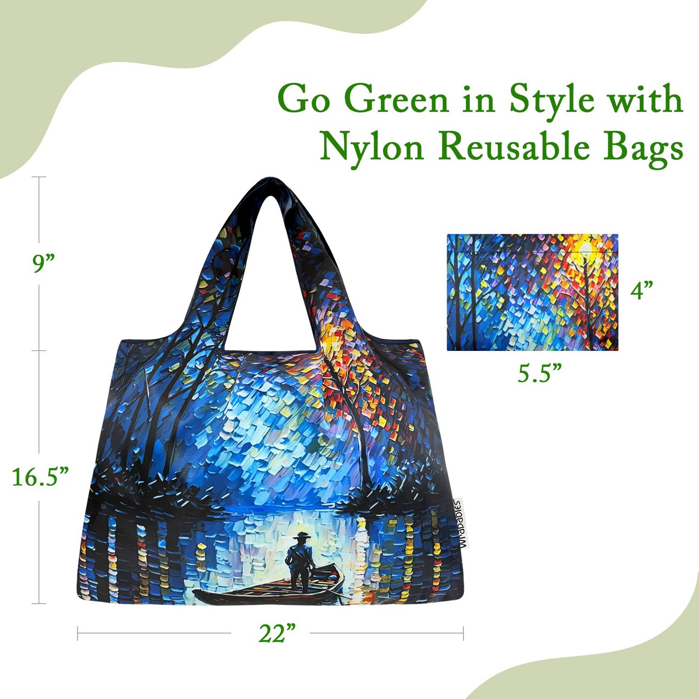 Wrapables Large Foldable Oil Painting Nylon Reusable Grocery Bag, Serene Rowboat