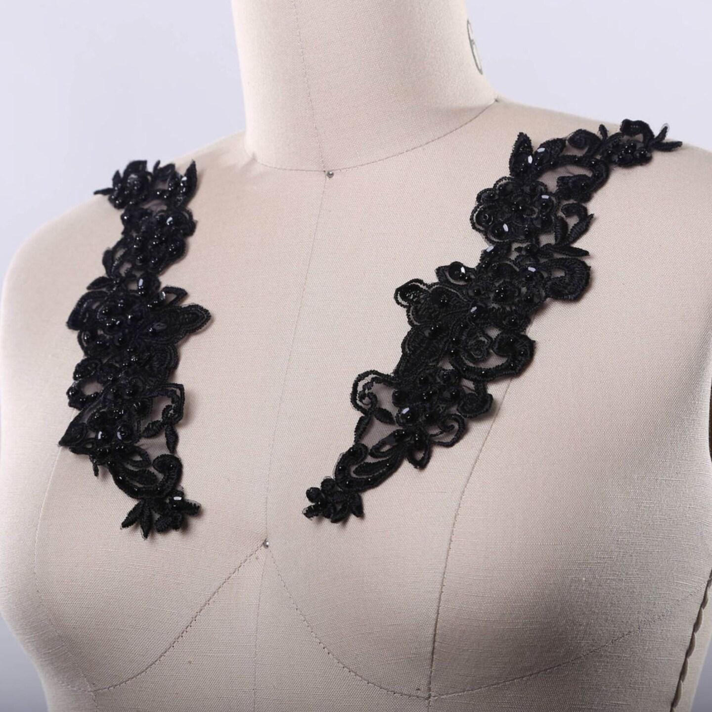 Black Beaded Floral Collar Patch Pair Sequined Iron On Appliques Decorative 9 Inch