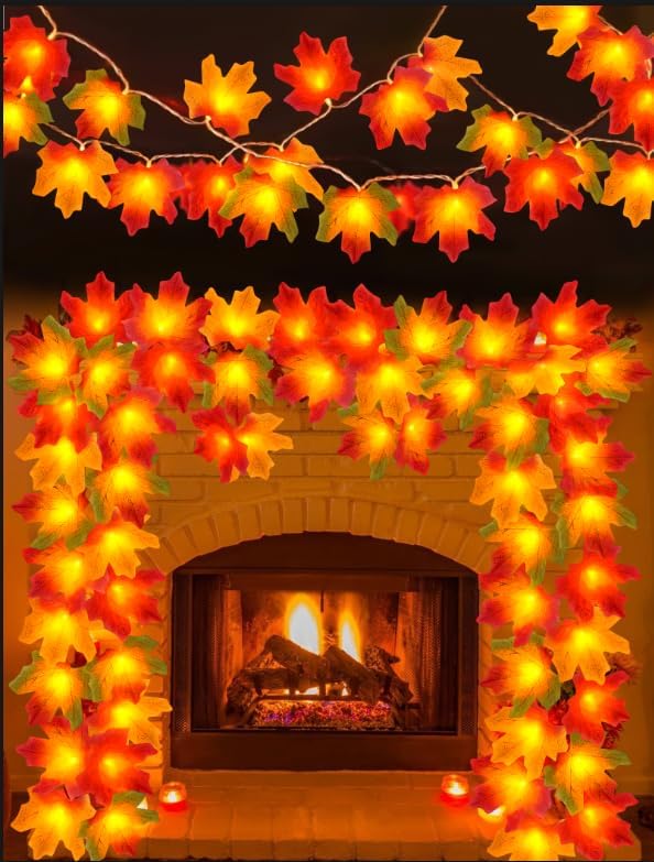 2-Pack 10FT Fall Maple Leaf String Lights – 40 LED Battery-Operated Autumn Garland for Thanksgiving, Halloween, Indoor & Outdoor Home Decor