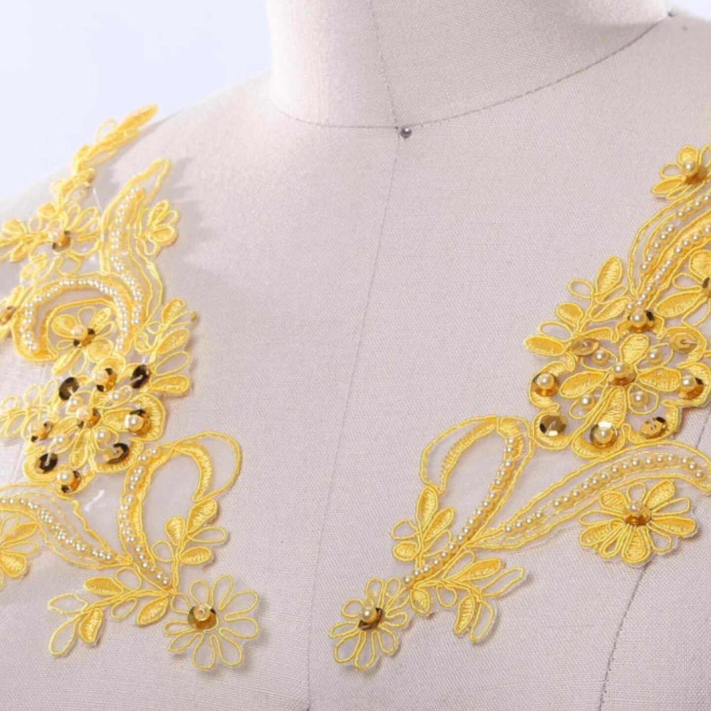 2 Yellow Alencon Lace Appliques with Beads and Sequins for Gowns and Costumes