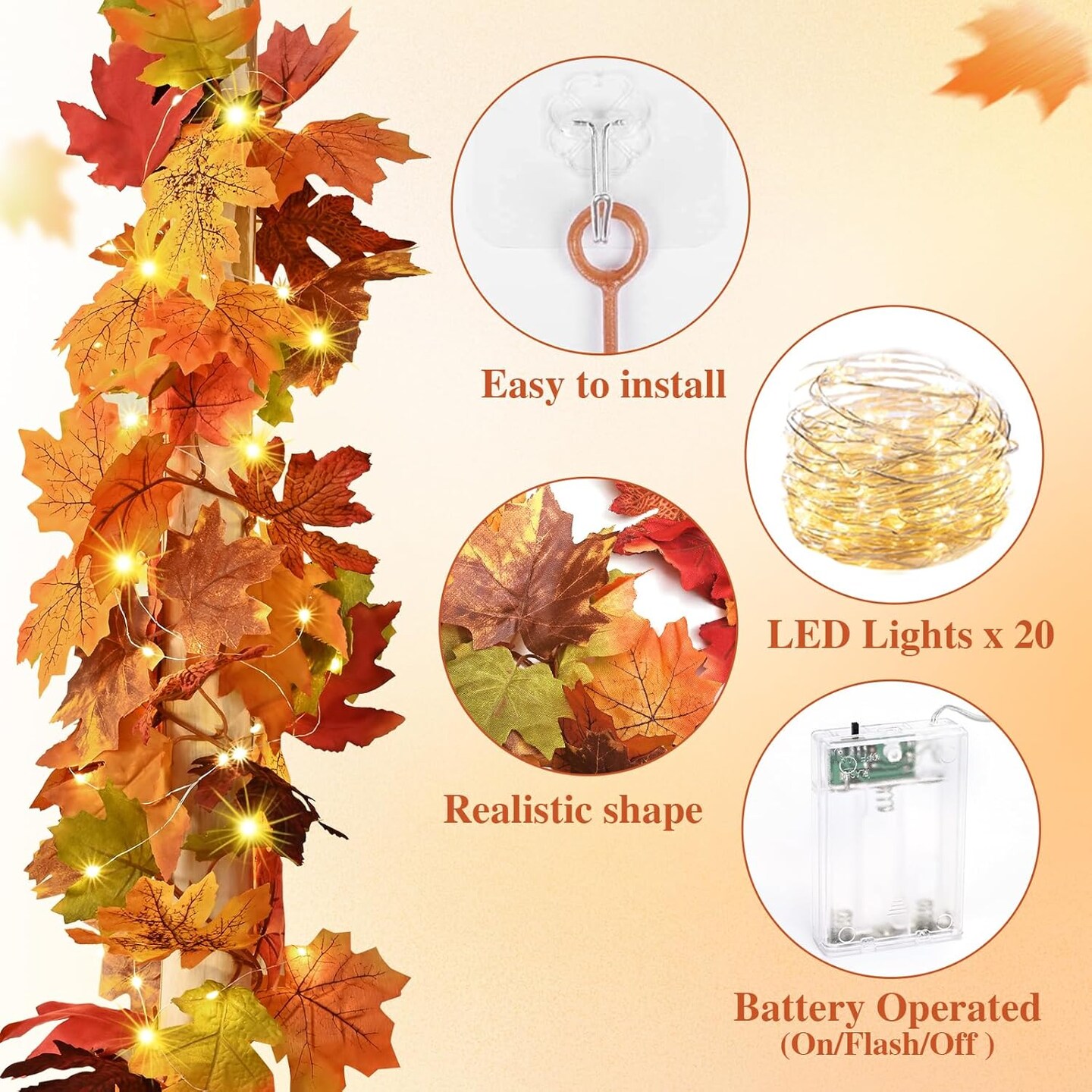 3Pcs Fall Garland with Lights - 17Ft