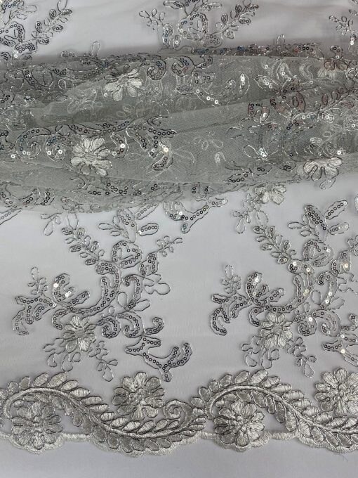 1 Yard White/Silver Lace Fabric, Corded Mesh with Sequins & Scalloped Edges 54″ Wide