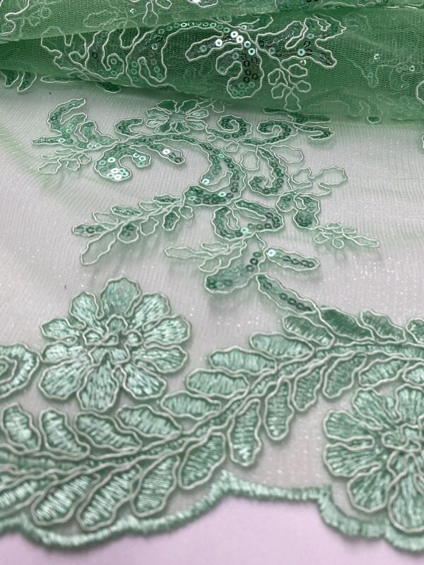 1 Yard Mint Green Corded Sequin Lace Mesh Fabric with Double Scalloped Edge 54” Wide