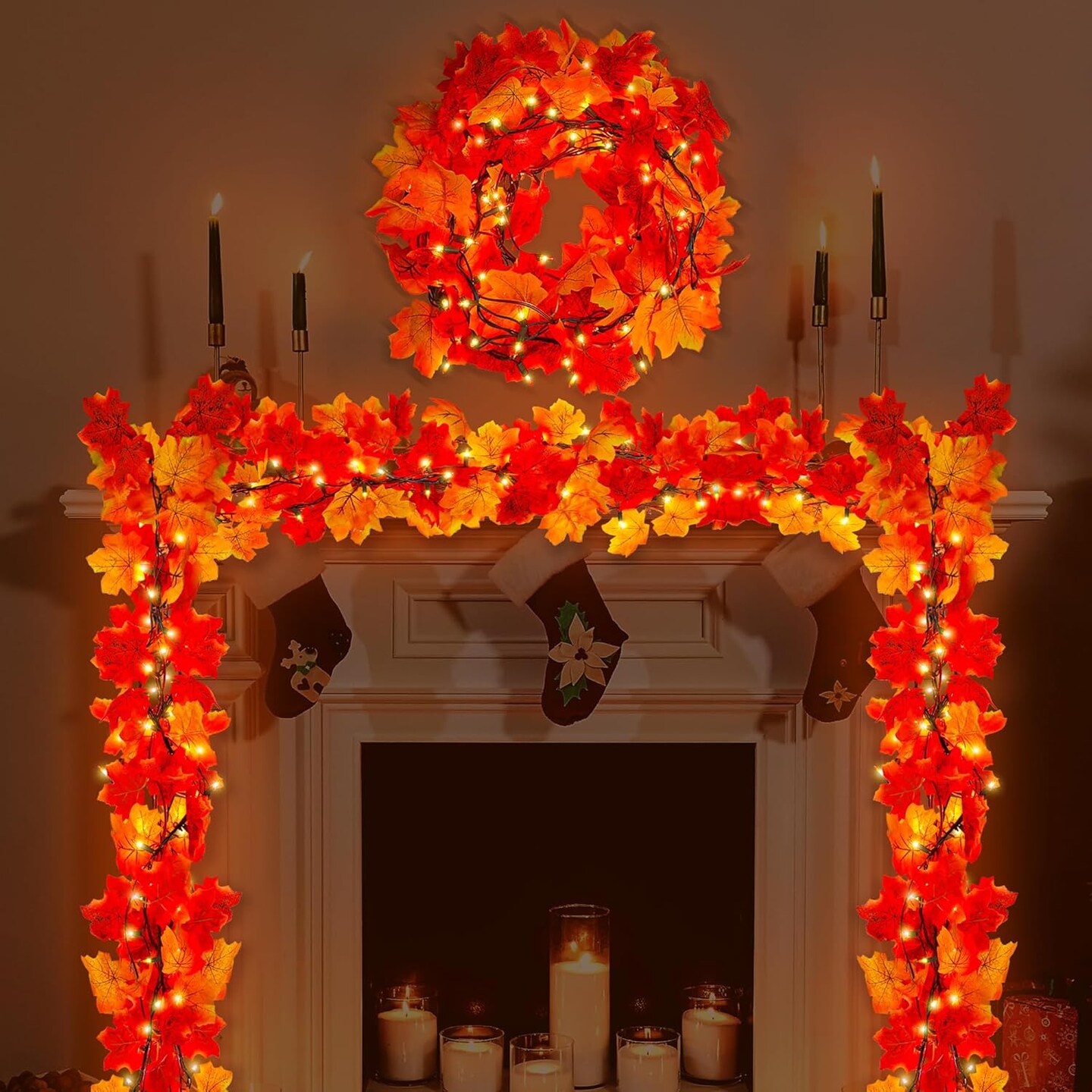 9FT Fall Garland with Lights Decor