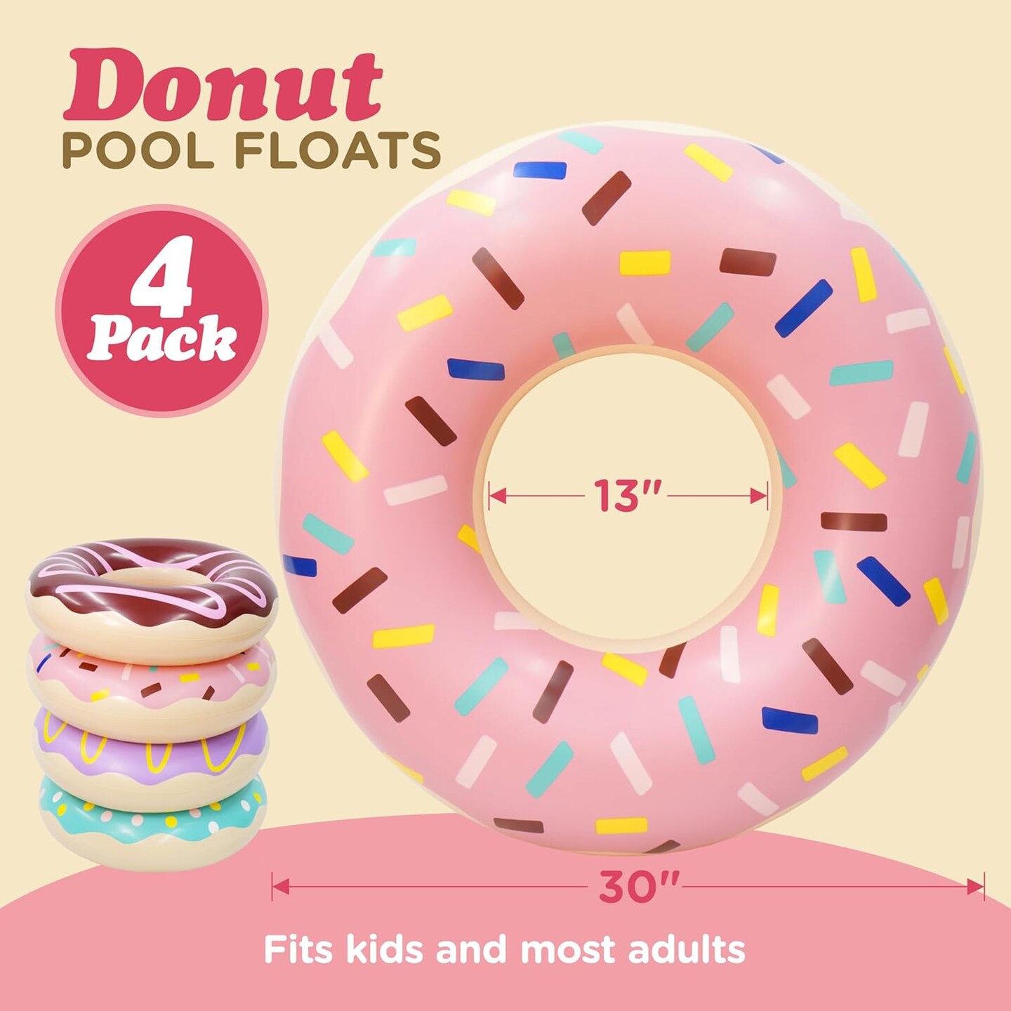 4E&#x2019;s Novelty 4 Pack Inflatable Donut Floaties - 30&#x2019;&#x2019; Swim Ring Pool Floats for Kids &#x26; Adults Beach &#x26; Pool Toys