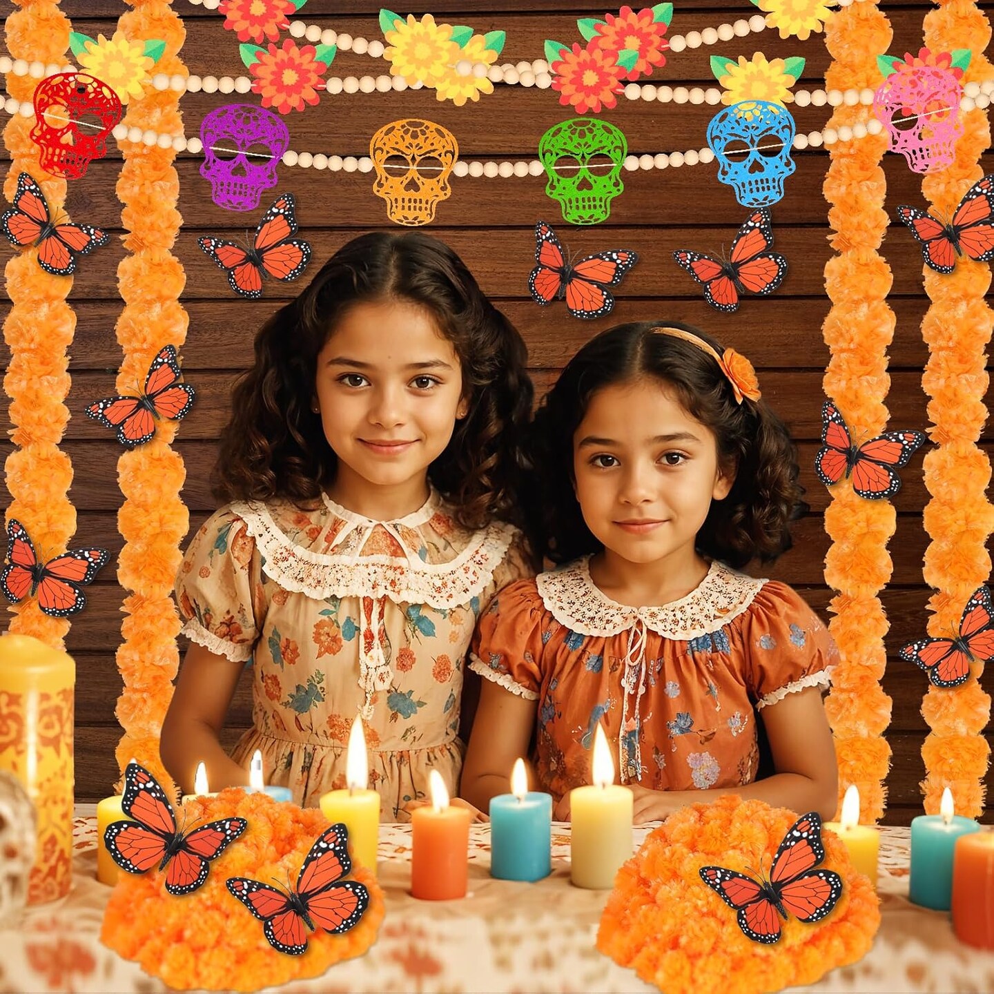 Day of The Dead Decorations Sets 5PCS 5Ft Artificial Marigold Flowers (Orange)