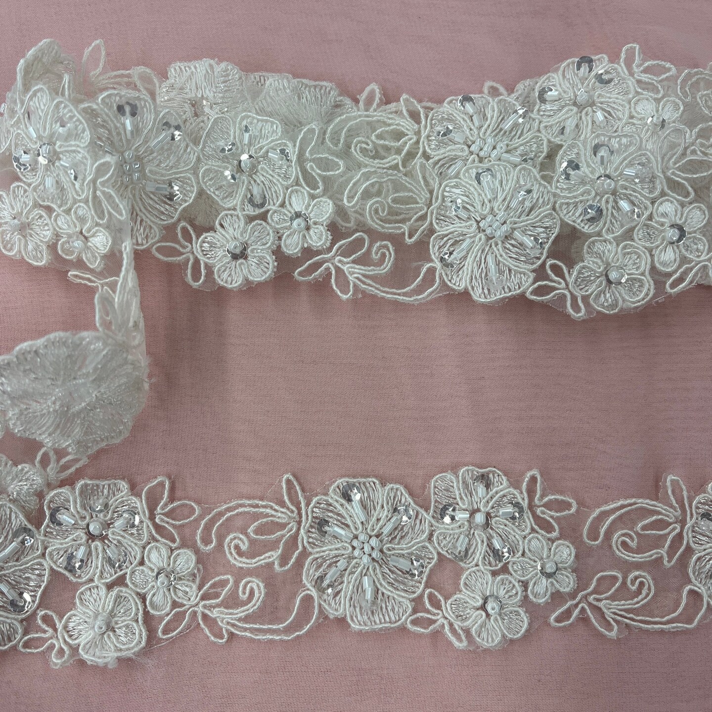1 Yard Beaded Corded Embroidered Lace Trim 1.5" Wide 100% Polyester Organza for Dresses & Costumes
