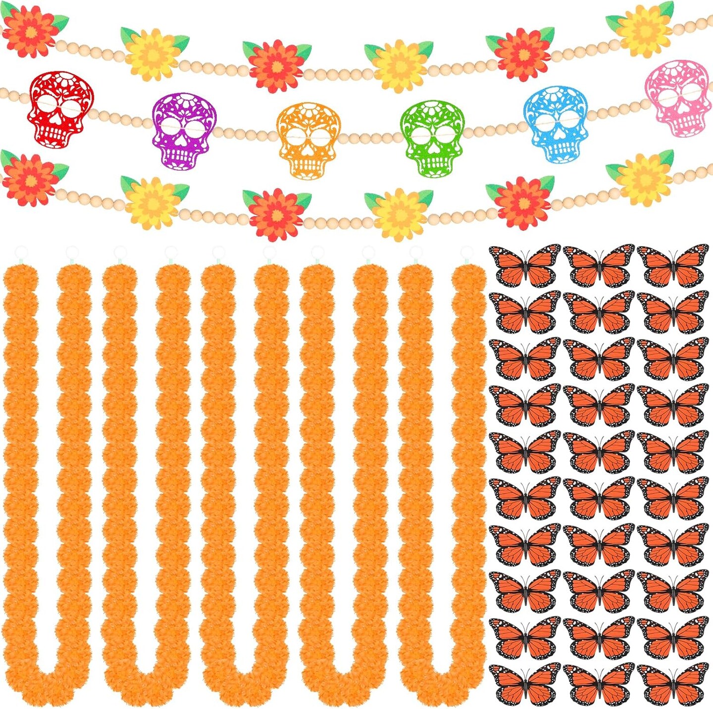 Day of The Dead Decorations Sets 5PCS 5Ft Artificial Marigold Flowers (Orange)