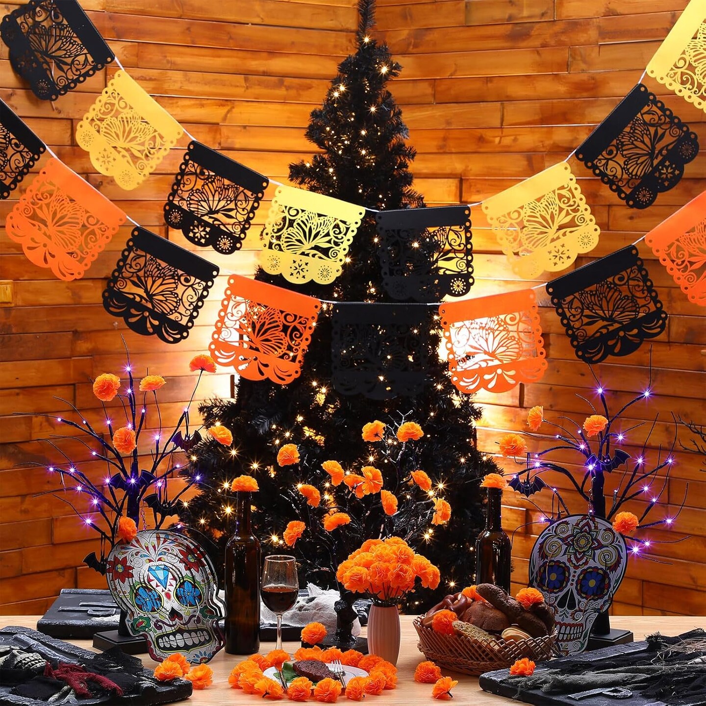 52 Pieces Day of the Dead Decorations Set (Mainly Orange, Black, Yellow)