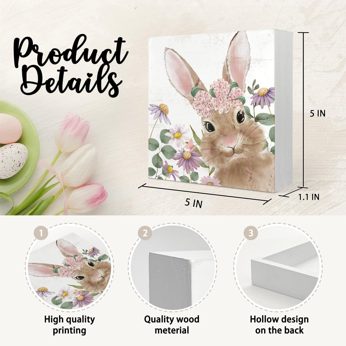 Spring Bunny Wooden Box Sign 5x5” – Pink Floral Rabbit Indoor Farmhouse Decor