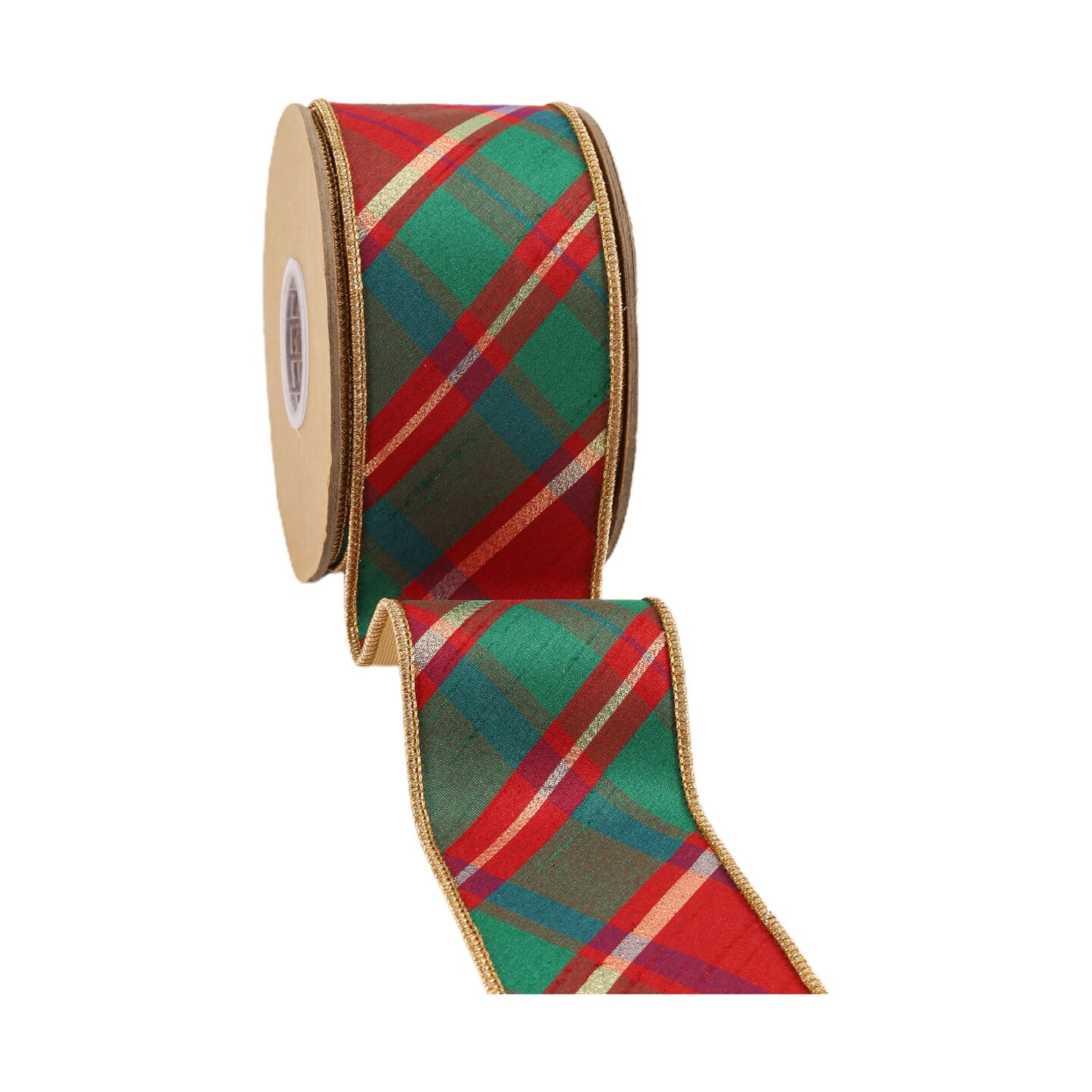 LaRibbons 4&#x22; - 2 1/2&#x22; Wired Dupioni Ribbon | Red/Green/Gold Plaid Bias Cut w/ Double-Fused Gold Backing | 10 Yard Roll