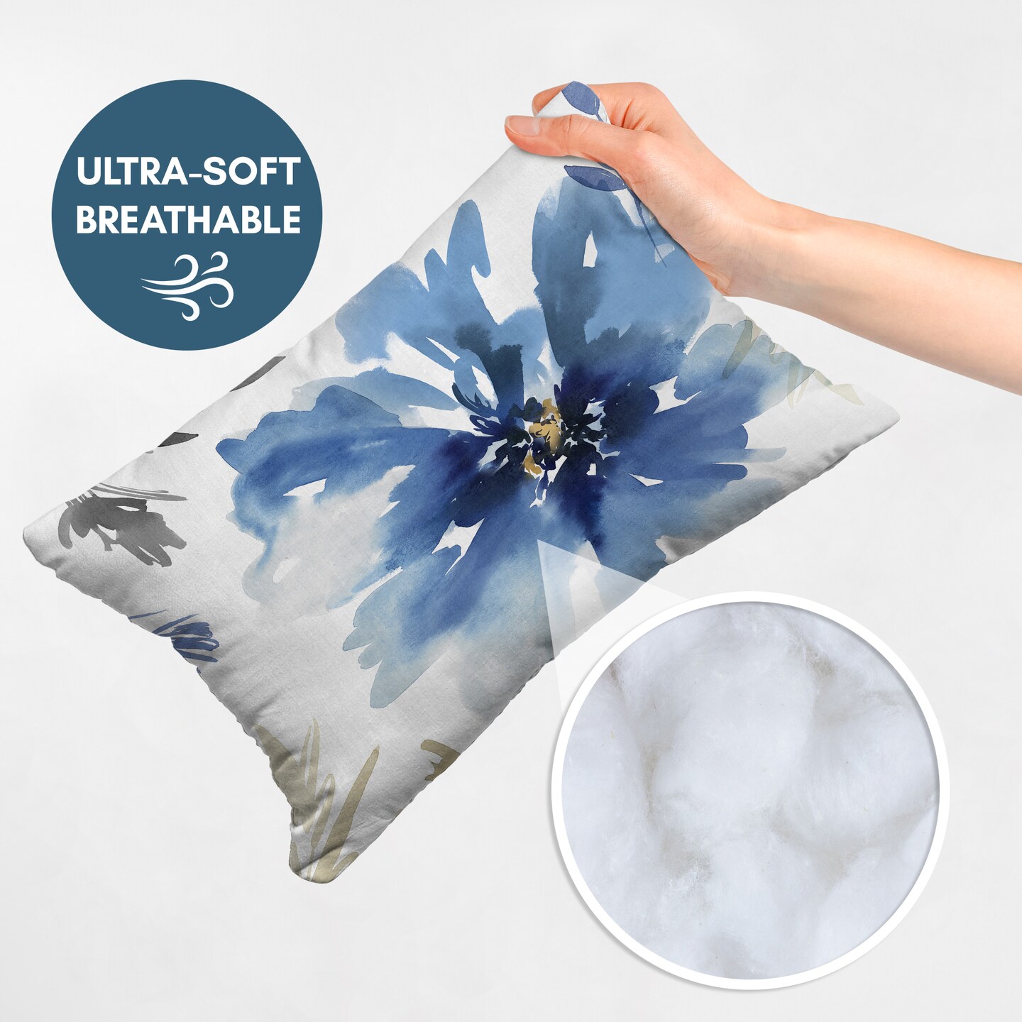 Americanflat Floral Rectangular Throw Pillow with Premium Polyester - White and Indigo