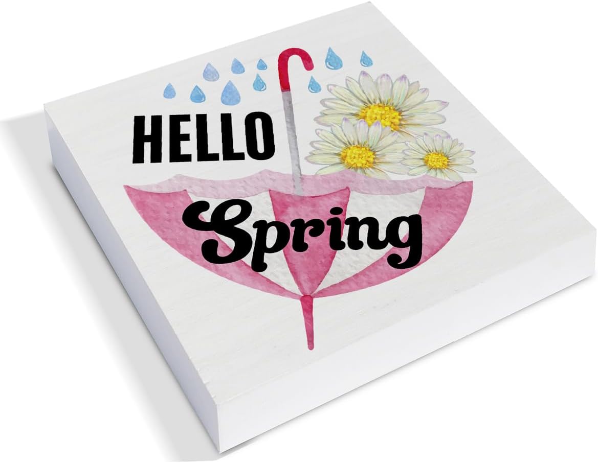 Spring Decor, Spring Decorations Country Hello Spring Daisy Wood Sign Spring Home Decor Indoor for Desk Shelf Table 5 X 5 Inches