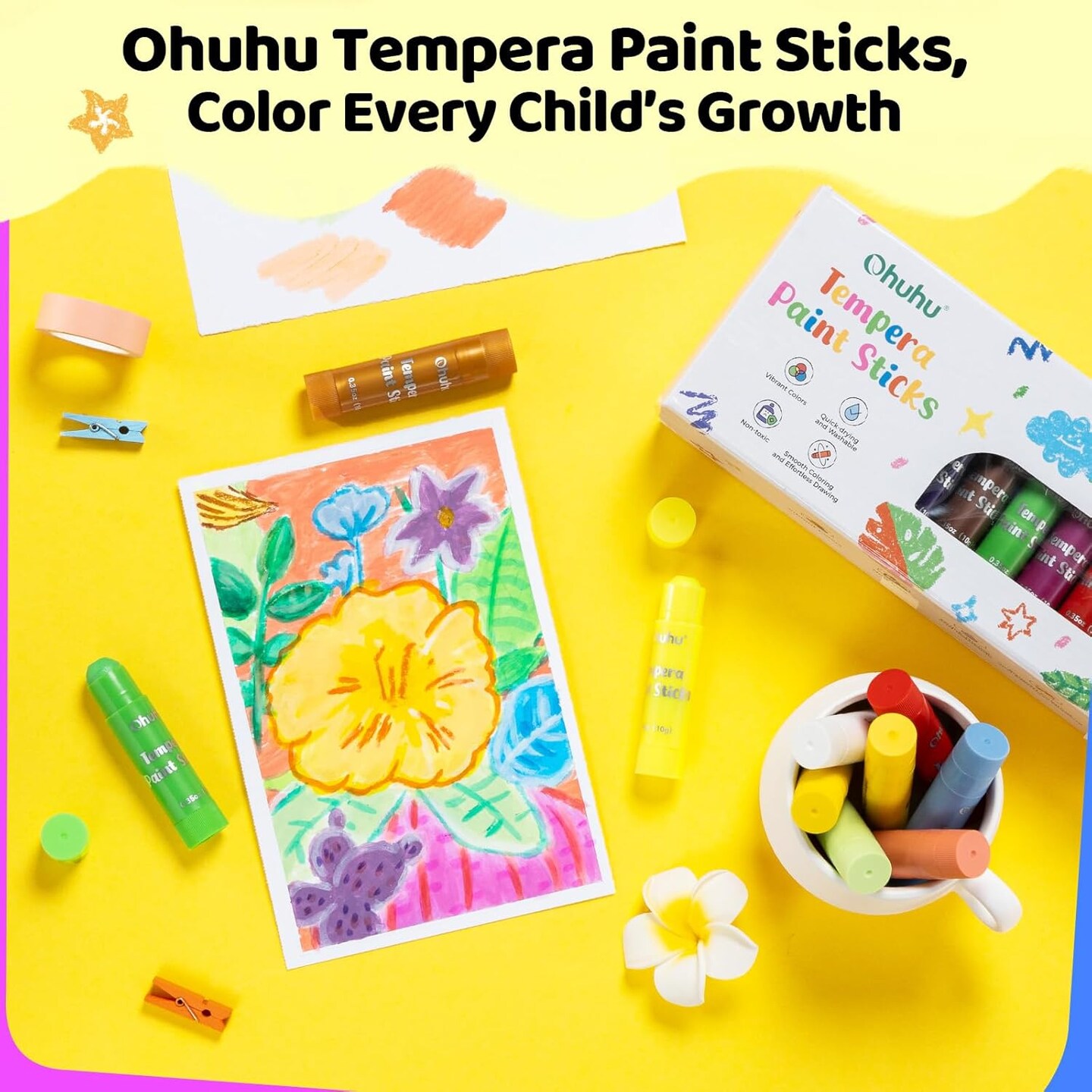 Ohuhu Tempera Paint Sticks for Kids, Washable 36 Colors Tempera Paint, Quick Drying, Non-toxic for Drawing, Graffiti, Works Great on Paper Glass Wood Ceramic Canvas Rock