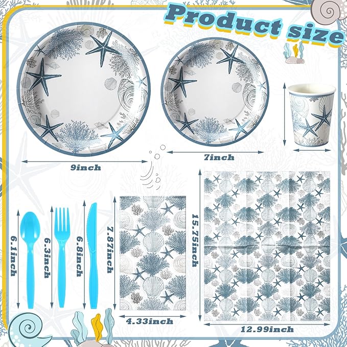 400 Pcs Summer Beach Plates and Napkins Party Supplies Set – Blue Ocean Disposable Paper Dinnerware Kit with Utensils (Knives, Forks, Spoons, Cups) for Birthday, Luau, Pool Bash, Serves 50