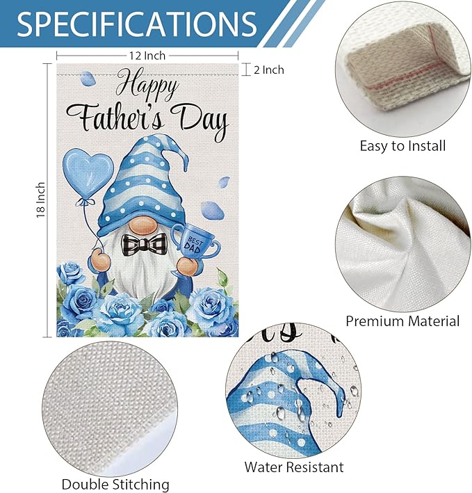 Happy Father's Day Garden Flag 12x18 Double Sided Burlap, Blue Gnome Best Dad Rose Floral Father's Day Yard Banner, Buffalo Plaid Bow Tie Love Heart Trophy Outdoor Decor (ONLY FLAG)