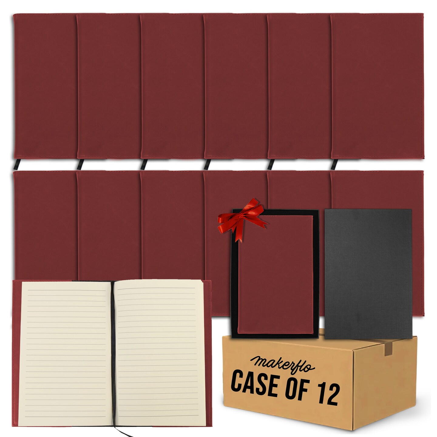MakerFlo Laserette™ Journal Notebook – Pack of 12 Engravable and Refillable Vegan Leather Journal with Lined Pages and Gift Box, Wholesale & Bulk