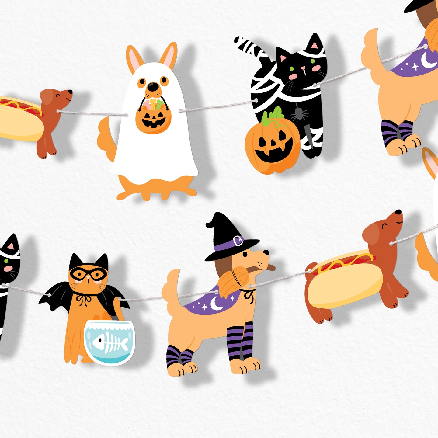 Big Dot of Happiness Halloween Pets Garland Banner, Cat and Dog Costume Party Decorations Backdrop, 30 Feet of Cord, 15 Paper Howlween Pet Shapes