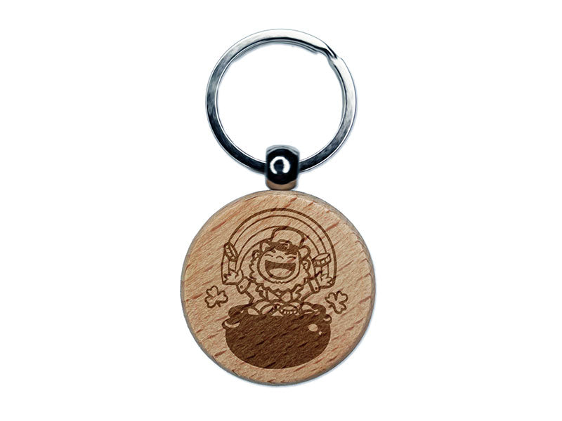 Joyful Leprechaun with Pot of Gold and Rainbow Engraved Wood Round Keychain Tag Charm