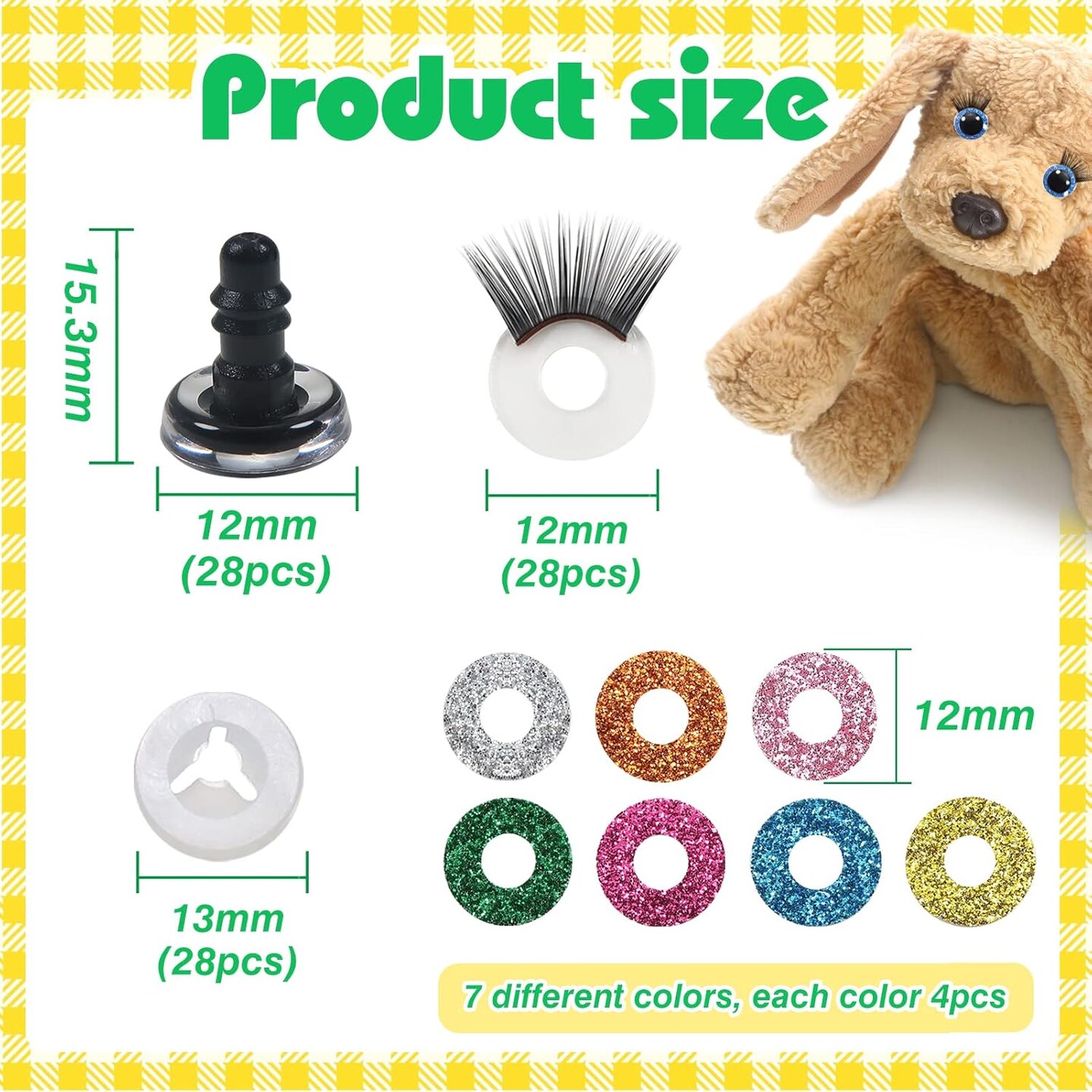 28pcs 12mm Glitter Safety Eyes with Eyelashes for Amigurumi, Dolls & Plush Crafts (7 Colors)
