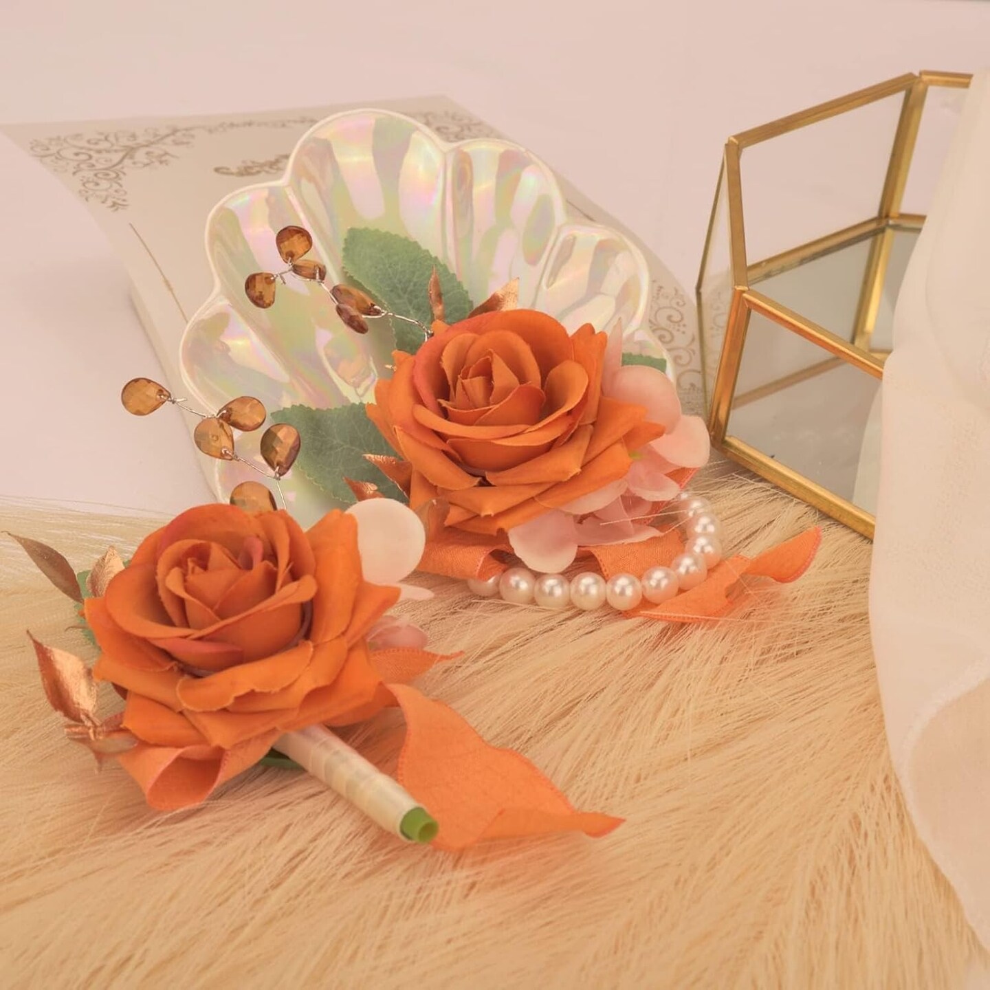 Burnt Orange Rose Corsage & Boutonniere Set – Artificial Silk Flowers for Prom, Wedding, Homecoming, Rustic & Boho Celebrations