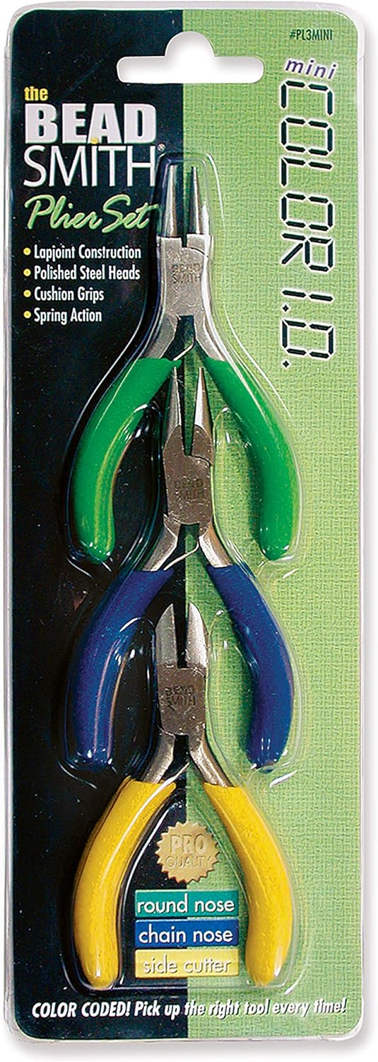 The Beadsmith Color-ID Mini Pliers – Color Coded Set – 3 Inches, 3 Piece Kit: Chain Nose, Round Nose, & Side Cutter – Tools for Jewelry Making