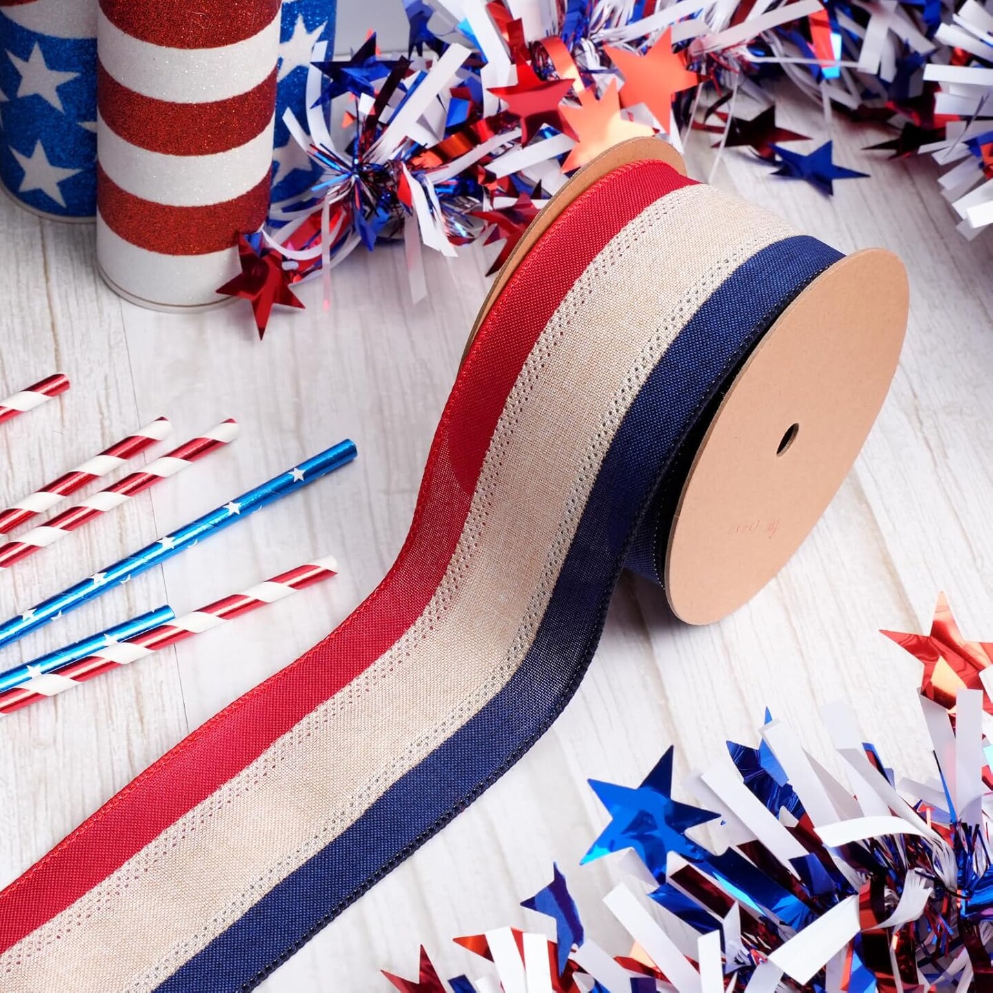 Patriotic Wired Ribbon 2.5" x 10 Yards – Vintage Red, White & Blue Burlap Ribbon for 4th of July, Independence Day, Memorial Day & 250th Anniversary Wreaths