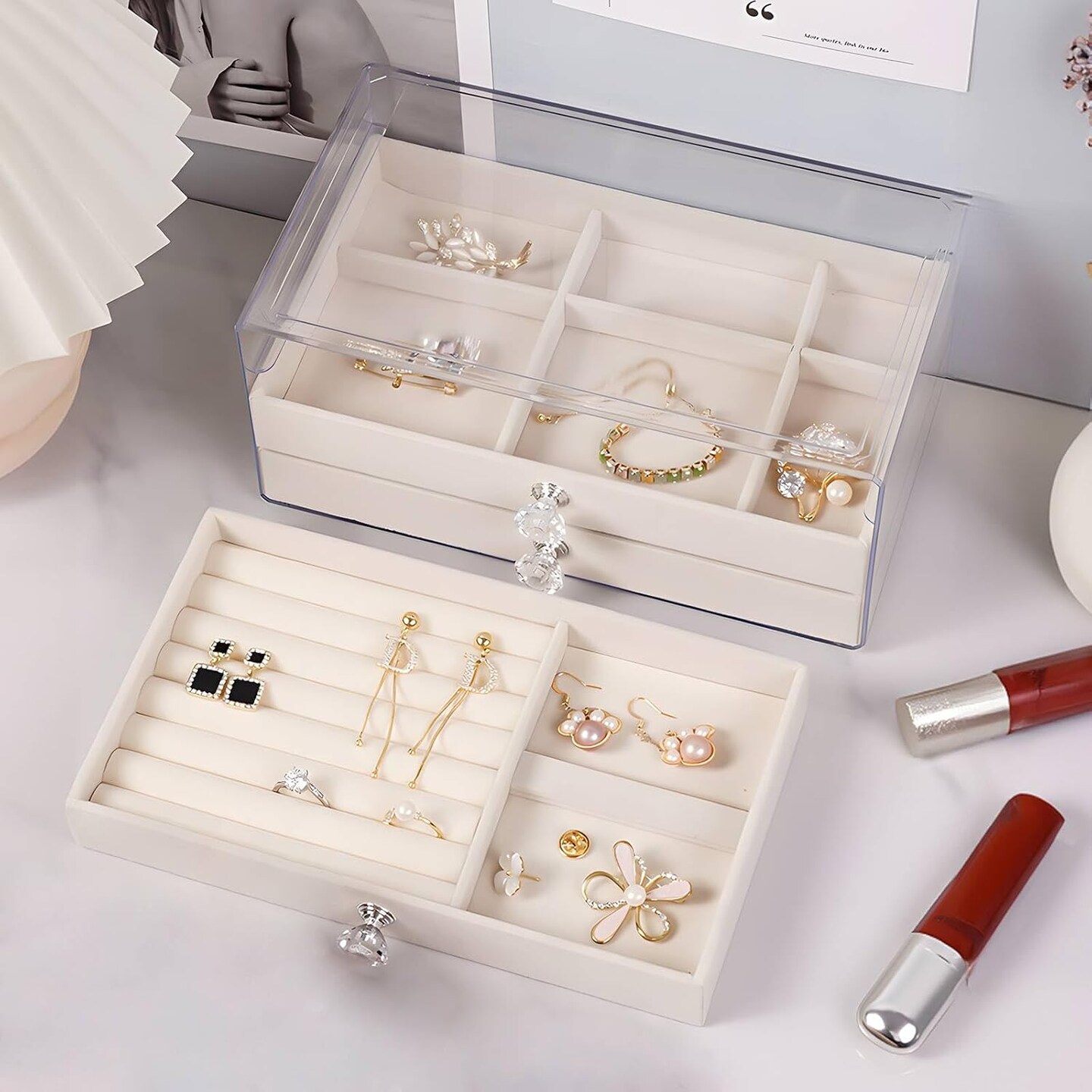 Earring Holder Organizer, Acrylic Jewelry Box with 3 Drawers, Earring Storage Box for Earrings, Rings, Necklaces, Bracelets, Jewelry Organizer and Storage for Women, Velvet Trays, Christmas Gift
